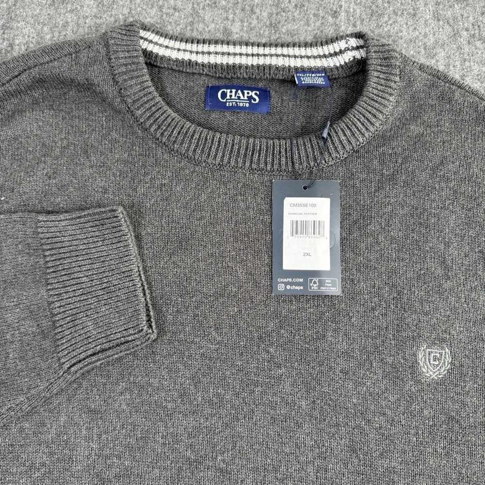 NWT Chaps Men's 2XL Crewneck Sweater Charcoal Heather 100% Cotton